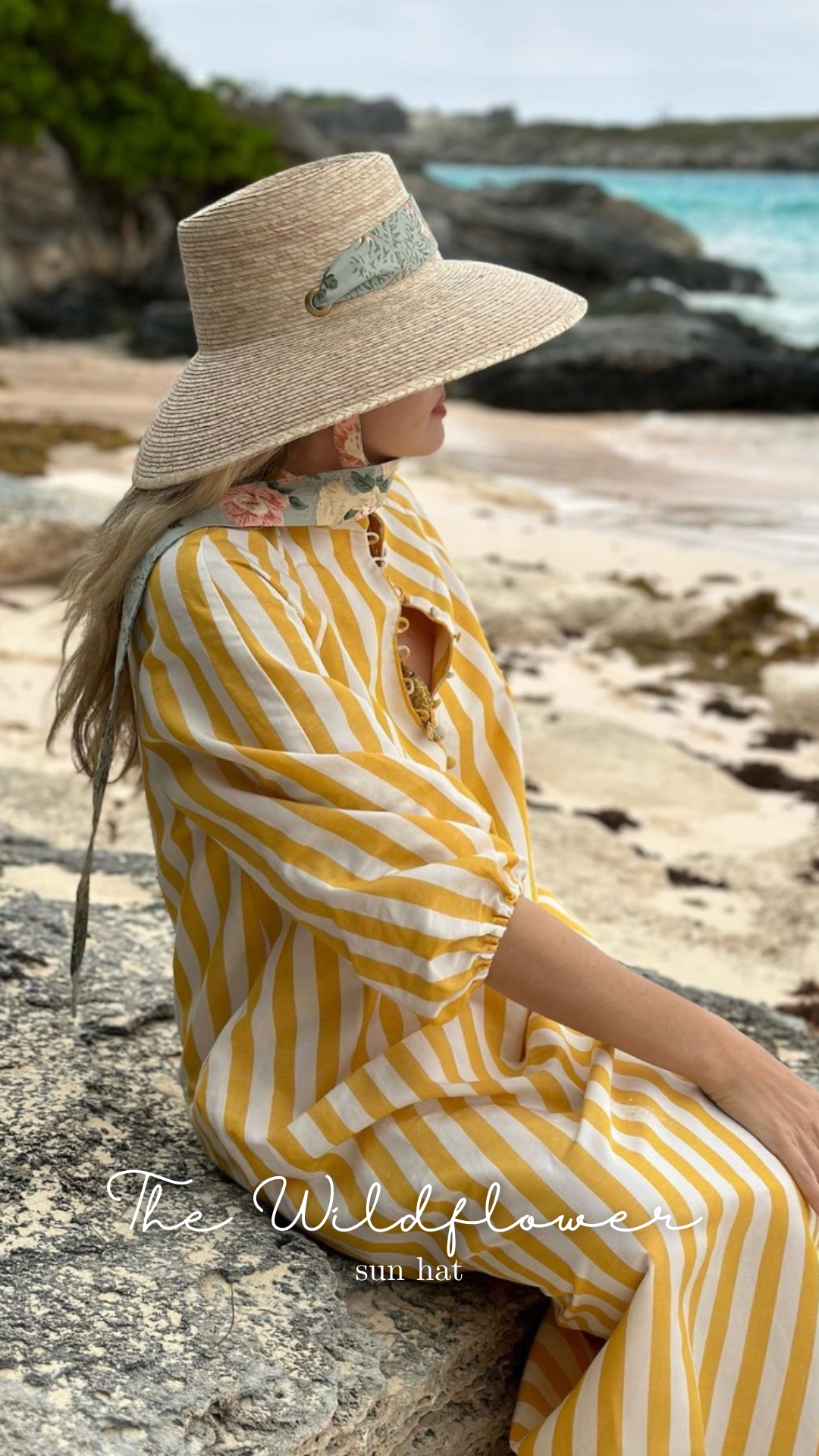 Wildflower Sun Hat - Long Brown Greek Key Ribbon with Rose Quartz Gemstone Toggle