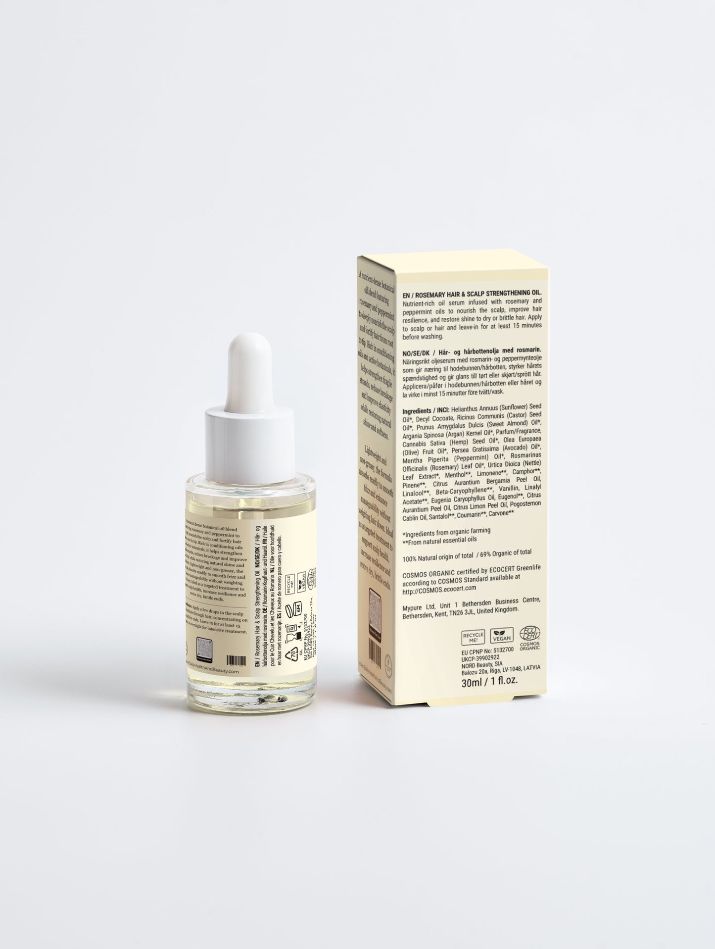 Rosemary Hair & Scalp Strengthening Oil ingredients label — 7 organic oils including argan, hemp & avocado