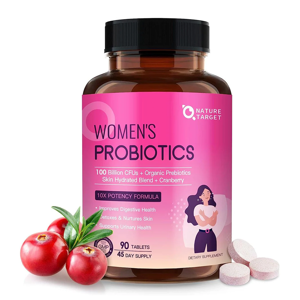 Women's Probiotics 100B CFUs, 21 Strains + Cranberry & D-Mannose + Skin Hydration Blend + Organic Prebiotics, Cranberry Flavor, 90 Tablets