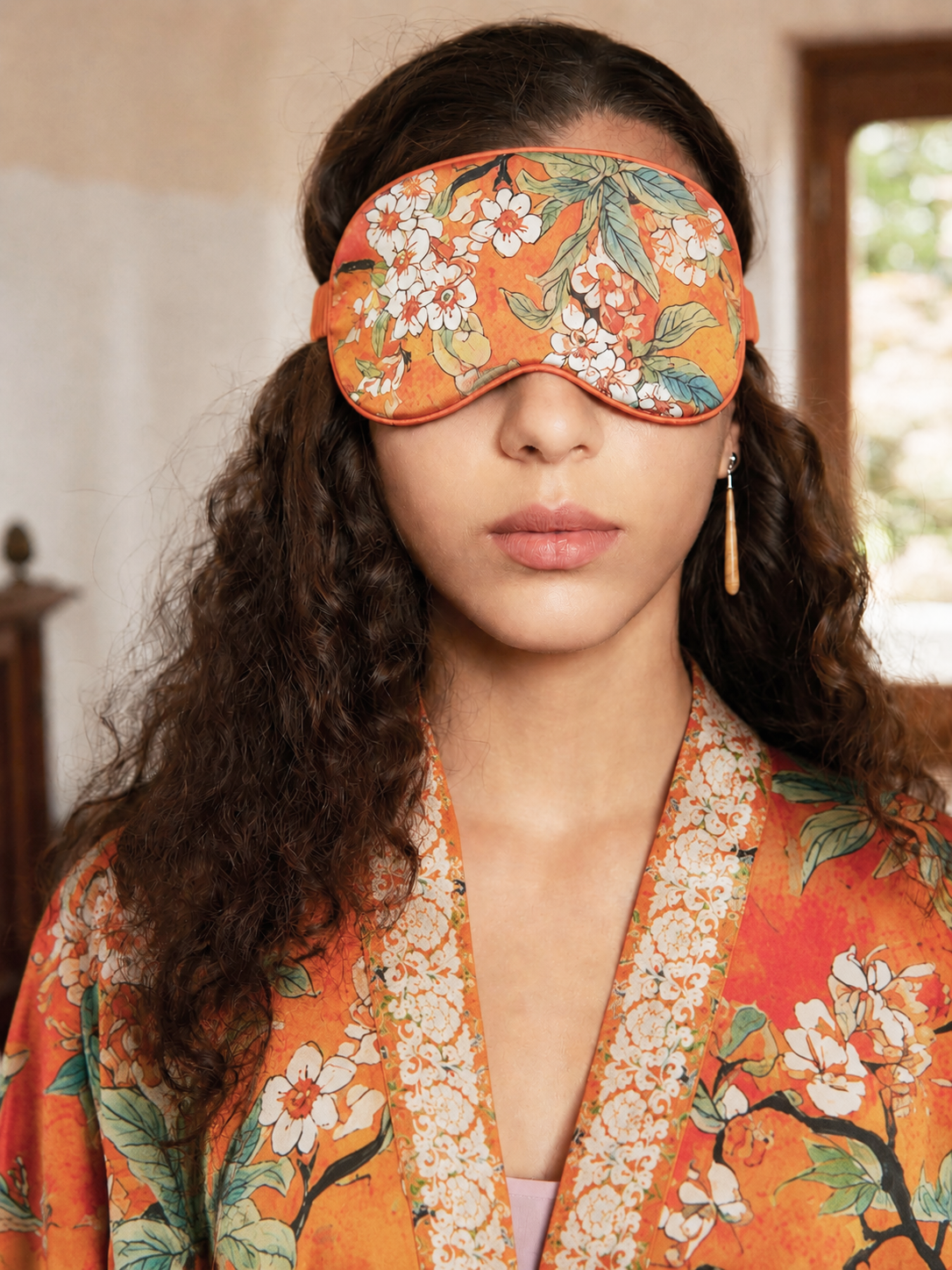 Vintage Orange Enamel Camellia Floral Kimono Robe with Pockets