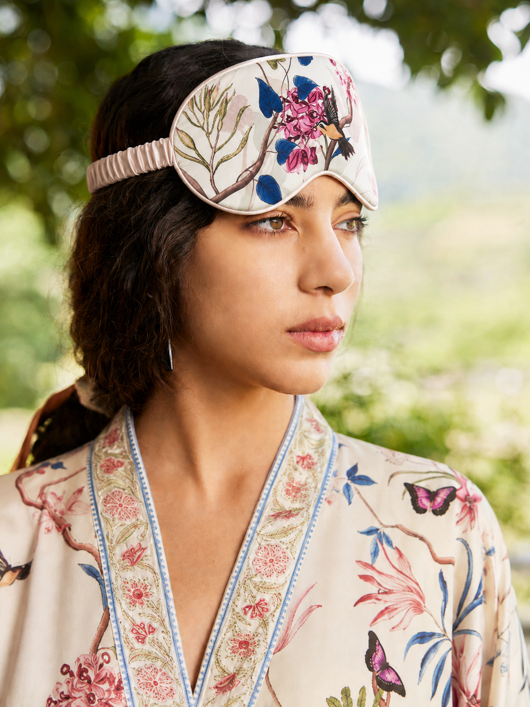 Beige Chinoiserie Floral Long Kimono Robe with Pockets