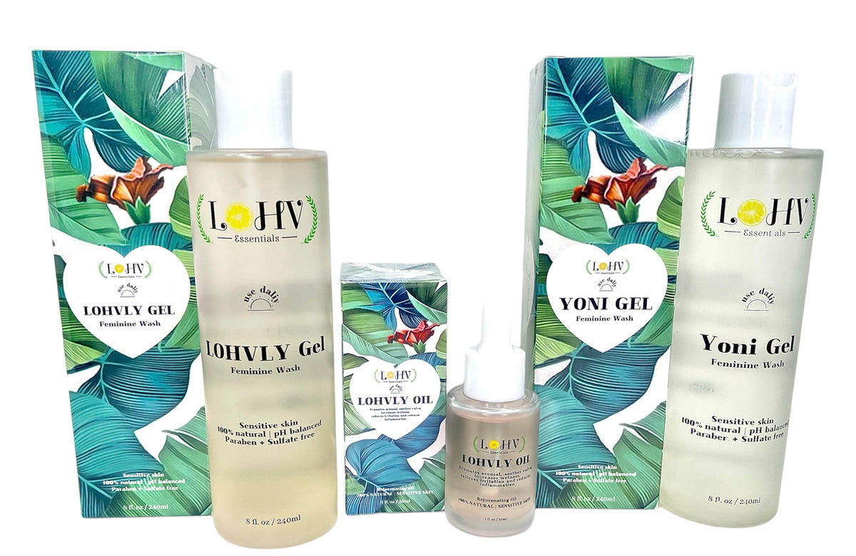 3 Step Kit For A Healthy Clean Yoni: YONI GEL pH Balance Wash + LOHVLY GEL Strawberry Flavored Relaxation Wash + LOHV Rose Oil Prevent Ingrown Hairs, Bumps, Sooth & Moisturizing Bikini Line.