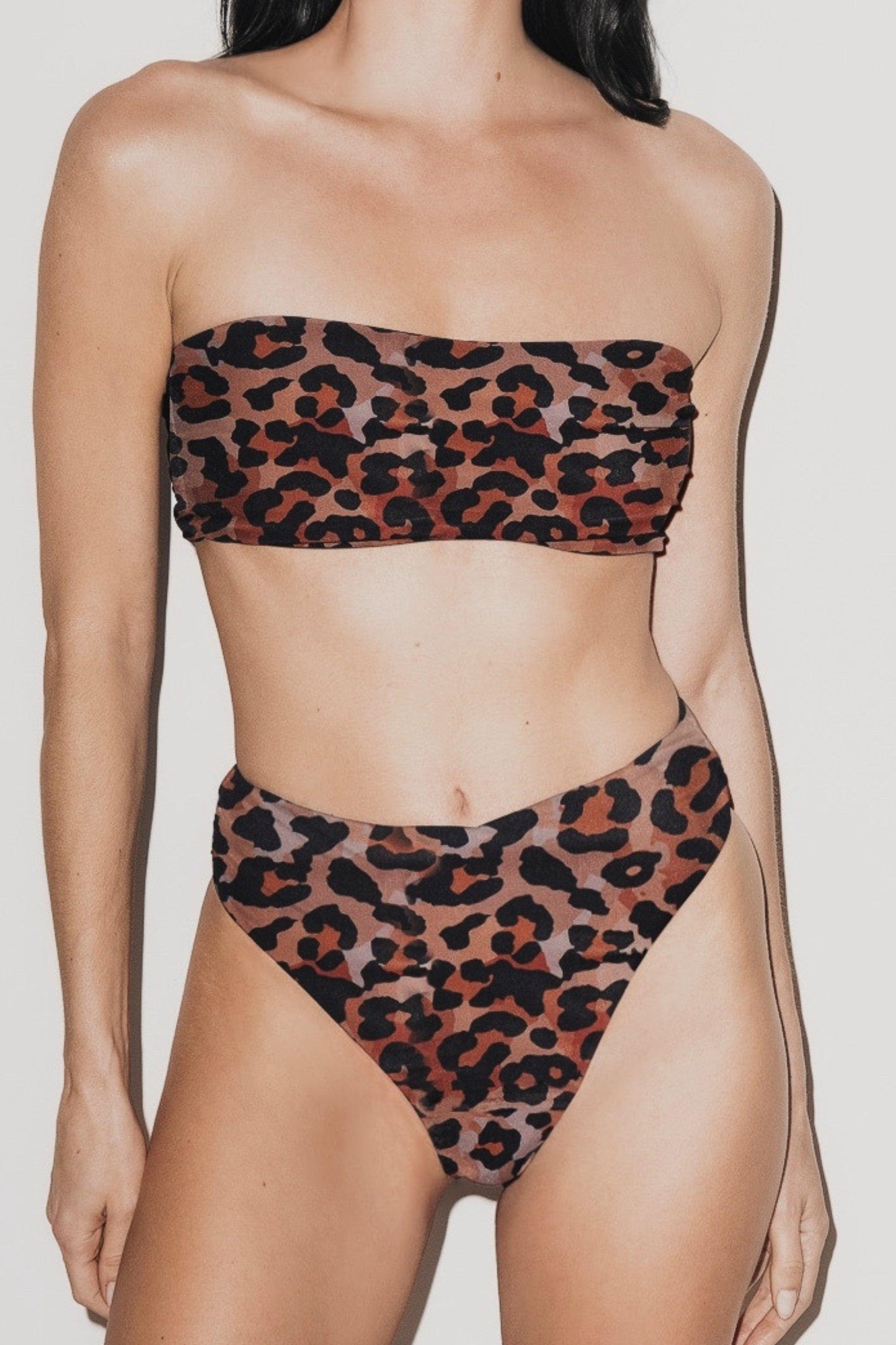 Capri Ruched High Waist Thong Bikini Bottom Leopard