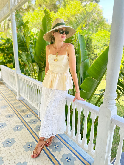 Hollyhock Sun Hat - Long & Thin Blue Gingham Ribbon with Wood Nautical Toggle