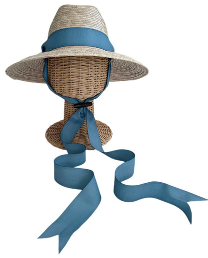 Petunia Girl's Sun Hat - Long French Blue Grosgrain Ribbon with Wood Nautical Toggle