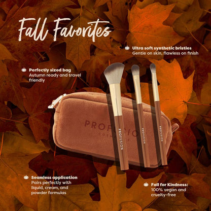 Set de 3 brochas y bolsa para rostro y ojos con especias de calabaza y palitos de canela