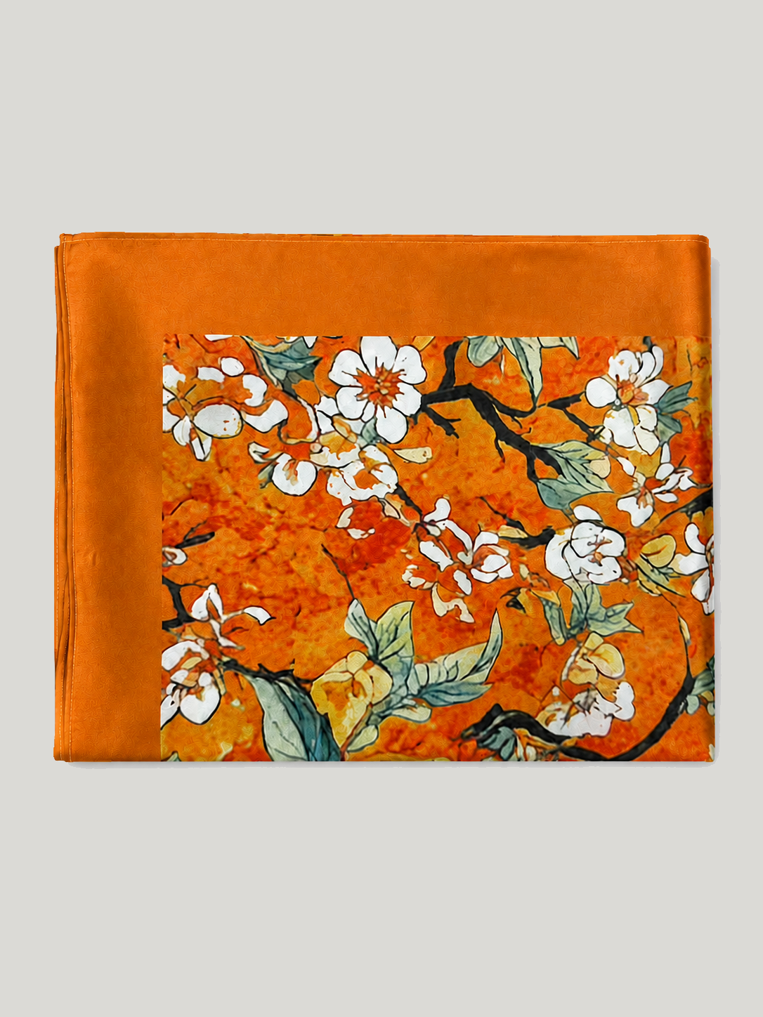 Vintage Orange Enamel Camellia Floral Kimono Robe with Pockets