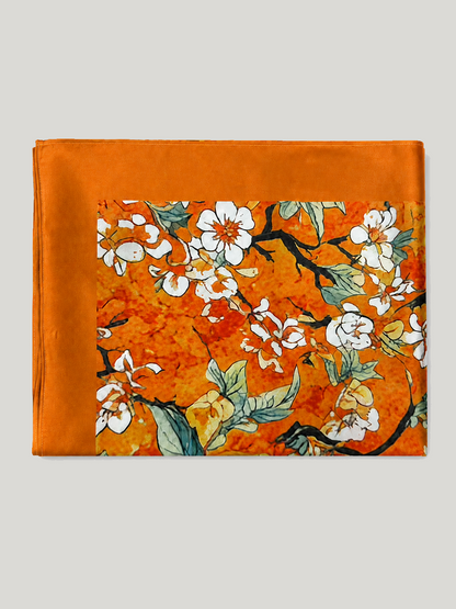 Vintage Orange Enamel Camellia Floral Kimono Robe with Pockets