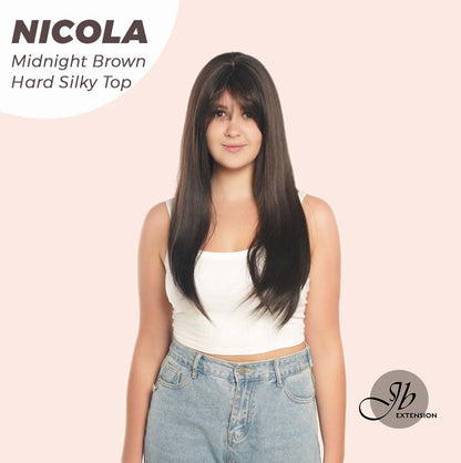 JBEXTENSION 22 Inches  Scalpiana Midnight Brown( Black/Brown) 3.5X4 Hard Silky Top Natural Scalp Effect Wig NICOLA SILK TOP