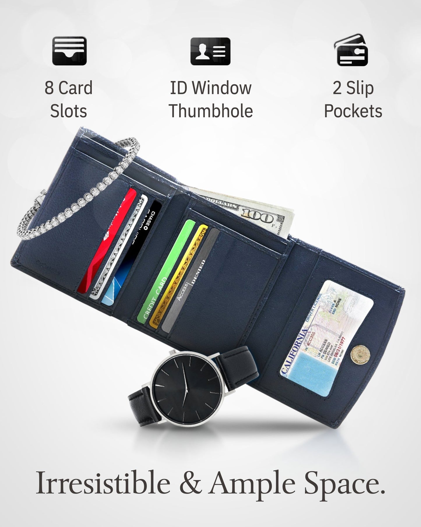 Porte-monnaie portefeuille à trois volets avec fenêtre d'identification