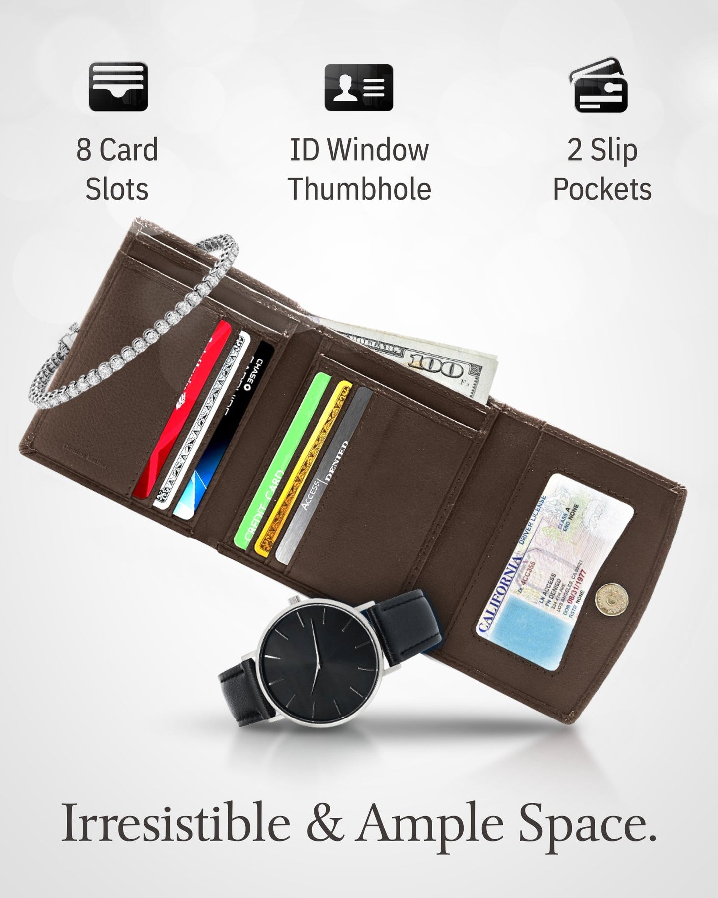 Porte-monnaie portefeuille à trois volets avec fenêtre d'identification