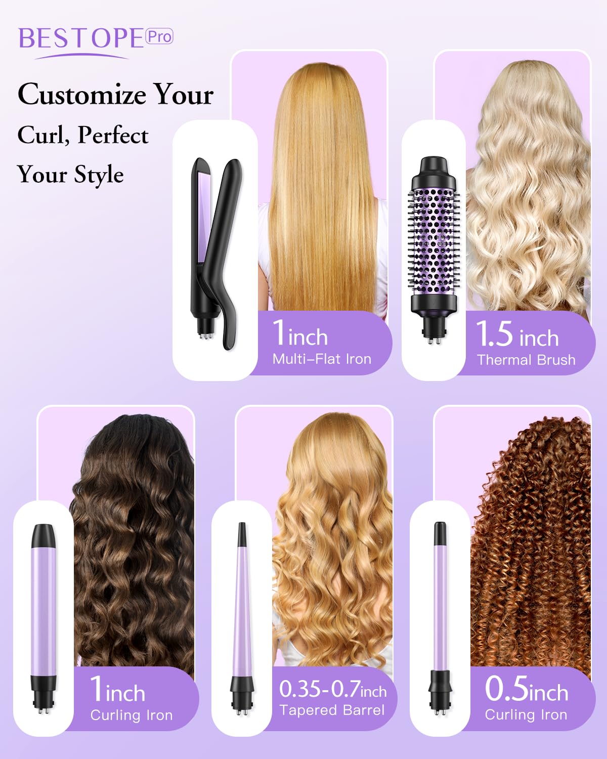 5 in 1 Curling Iron, Curling Wand Set with Thermal Brush, Flat Iron Hair Straightener, 3 Ceramic Irons (0.35