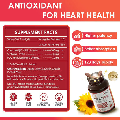 CoQ10 + PQQ + Olive Oil, 200mg, 120 Softgels