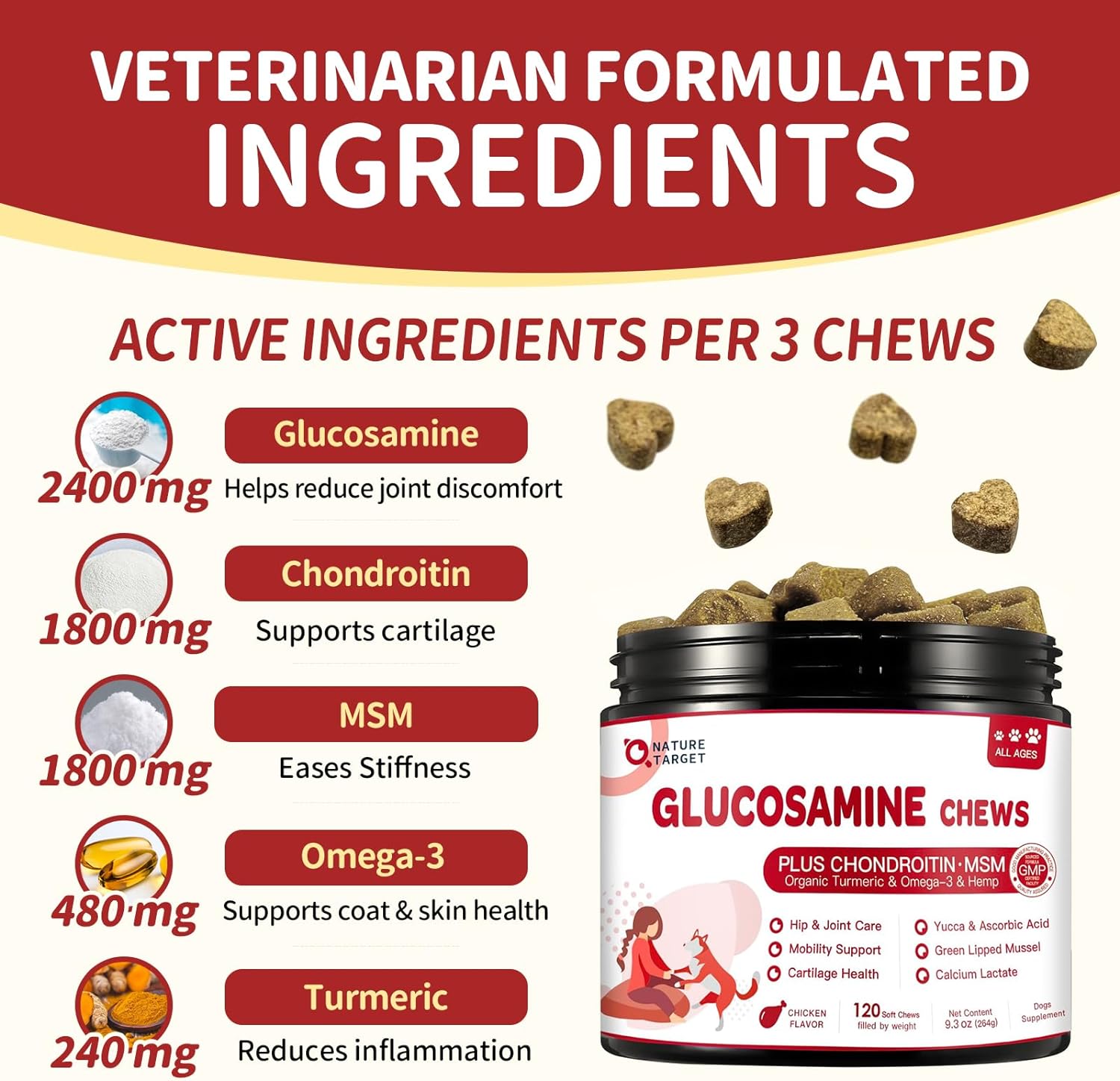 Chicken Flavor Glucosamine Chews for Dogs & Cats, 120 Soft Chews