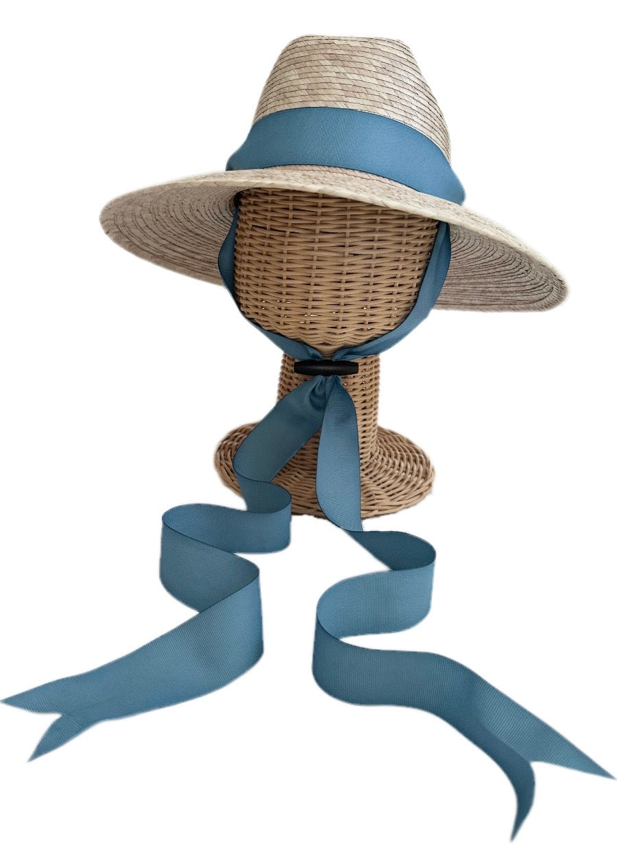 Petunia Girl's Sun Hat - Long French Blue Grosgrain Ribbon with Wood Nautical Toggle
