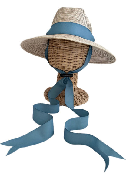 Petunia Girl's Sun Hat - Long French Blue Grosgrain Ribbon with Wood Nautical Toggle