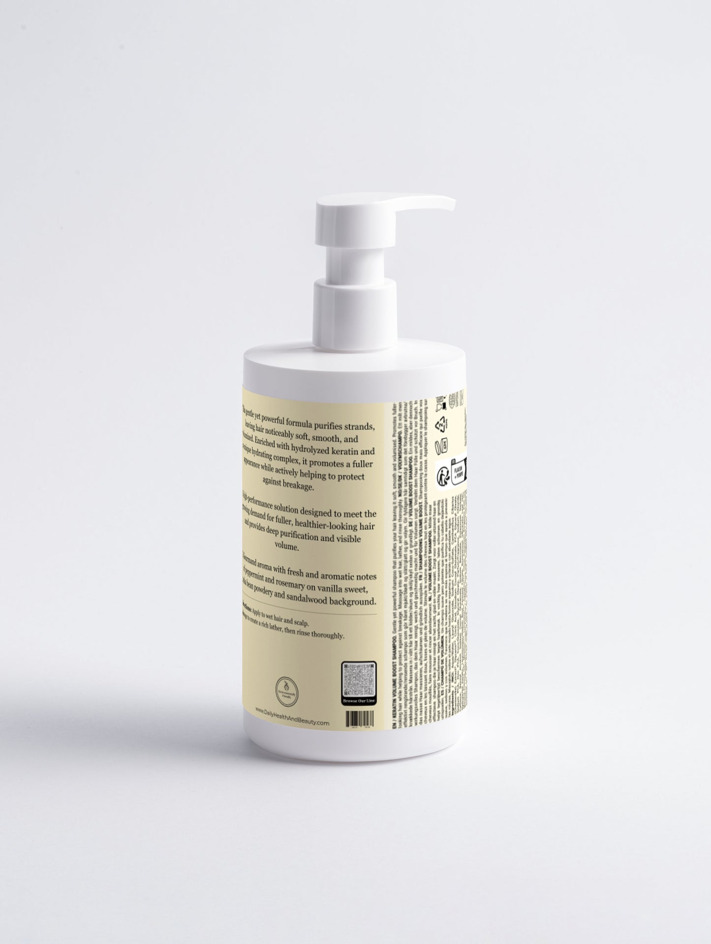 Keratin Volume Boost Shampoo ingredients label — hydrolyzed keratin, caffeine, organic rosemary & chanterelle extract