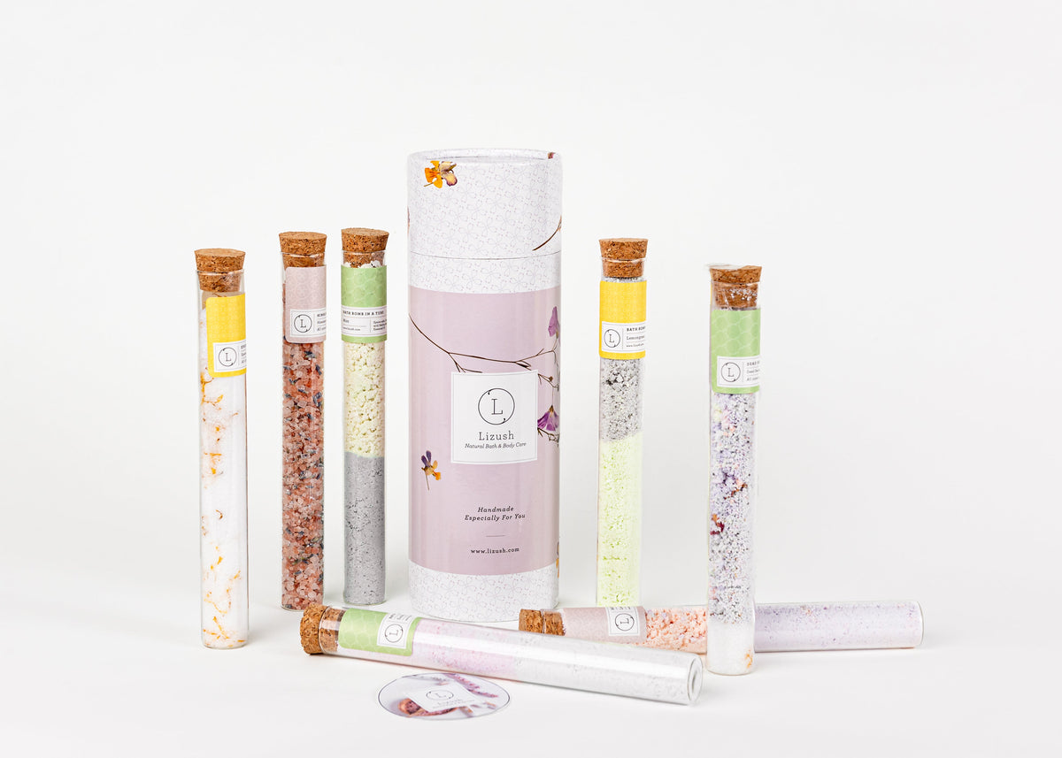 Natural Bath Gift Set – 7 Glass Tubes of Bath Salts