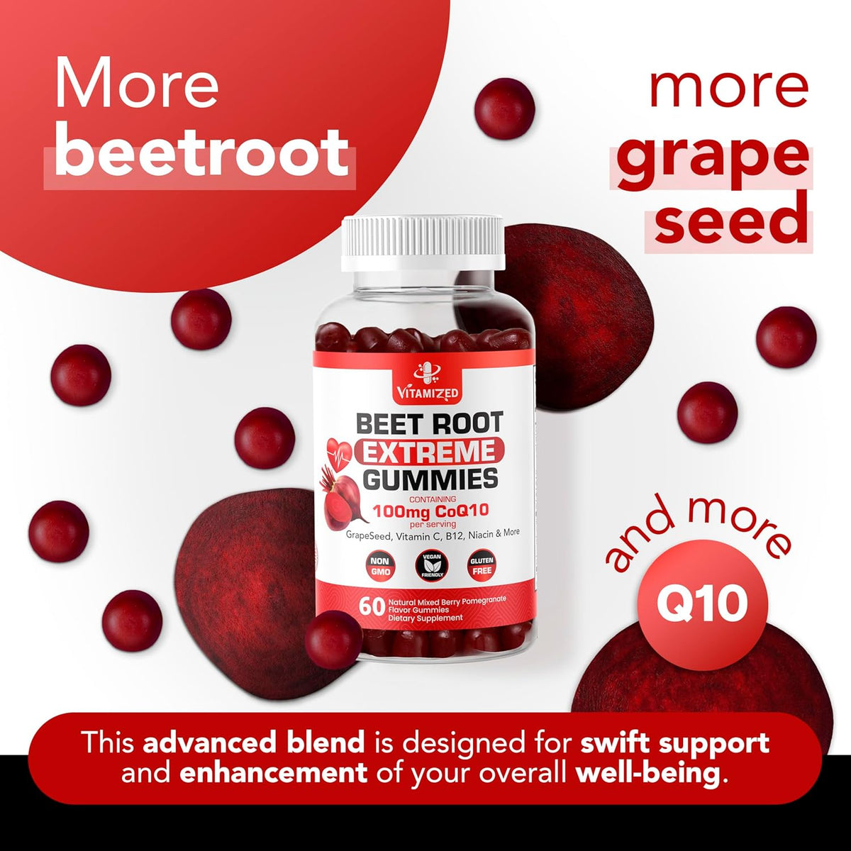 Beet Root Gummies with CoQ10 100mg & Grape Seed Extract, 60 Count
