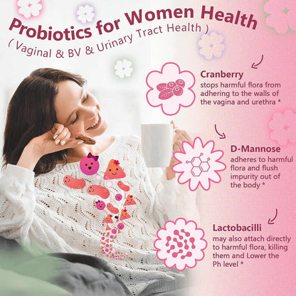 Women's Probiotics 100B CFUs, 21 Strains + Cranberry & D-Mannose + Skin Hydration Blend + Organic Prebiotics, Cranberry Flavor, 90 Tablets