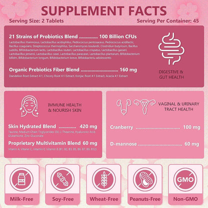 Women's Probiotics 100B CFUs, 21 Strains + Cranberry & D-Mannose + Skin Hydration Blend + Organic Prebiotics, Cranberry Flavor, 90 Tablets