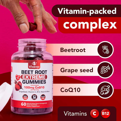 Beet Root Gummies with CoQ10 100mg & Grape Seed Extract, 60 Count