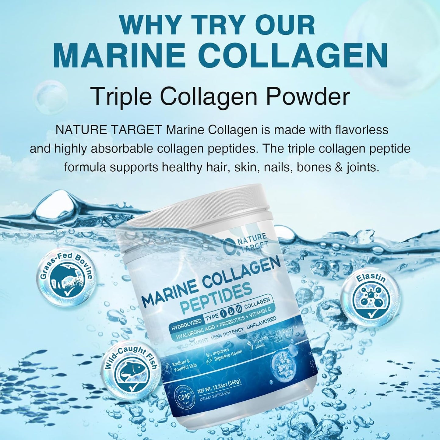 Marine Collagen Peptides Powder, 10 Billion CFUs, 12.35 OZ