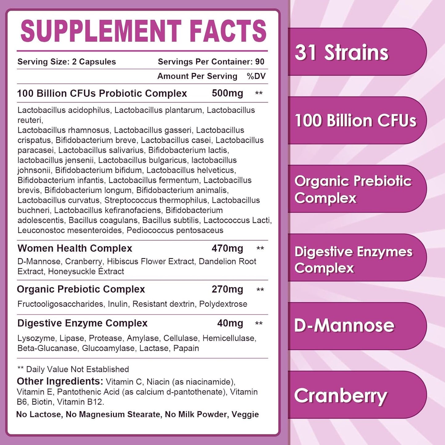 Women's Probiotics for Gut Health, 100 Billion CFUs, 180 Veggie Capsules