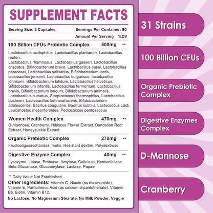 Women's Probiotics for Gut Health, 100 Billion CFUs, 180 Veggie Capsules