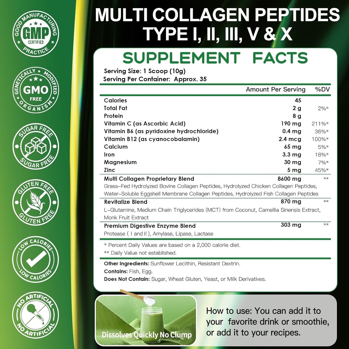 Hydrolyzed Multi Collagen Peptides Powder, 8600mg