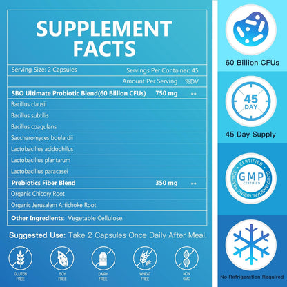 SBO Probiotics with Prebiotic Fiber, 60 Billion CFUs, 90 Veggie Capsules