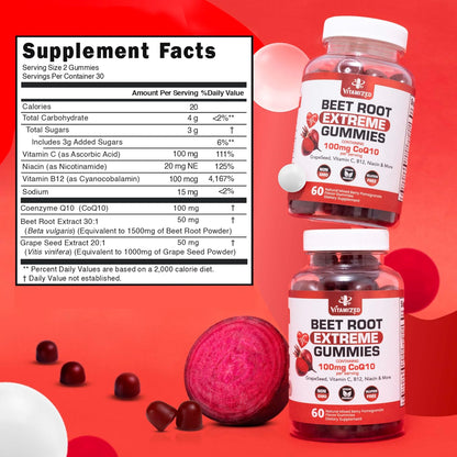 Beet Root Gummies with CoQ10 100mg & Grape Seed Extract, 60 Count