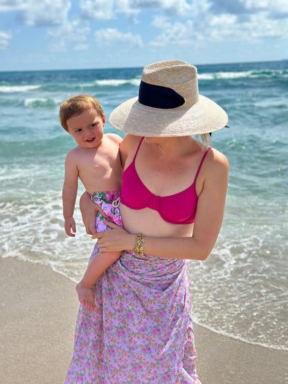 Hollyhock Sun Hat - Long & Thin Blue Gingham Ribbon with Wood Nautical Toggle