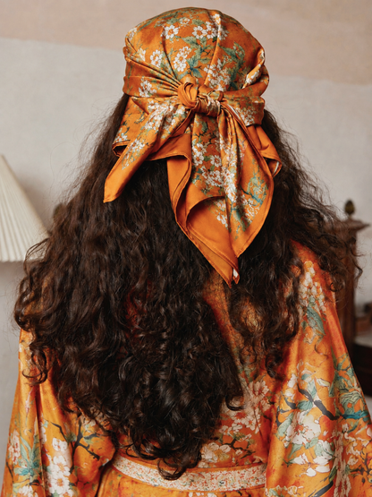 Vintage Orange Enamel Camellia Floral Kimono Robe with Pockets