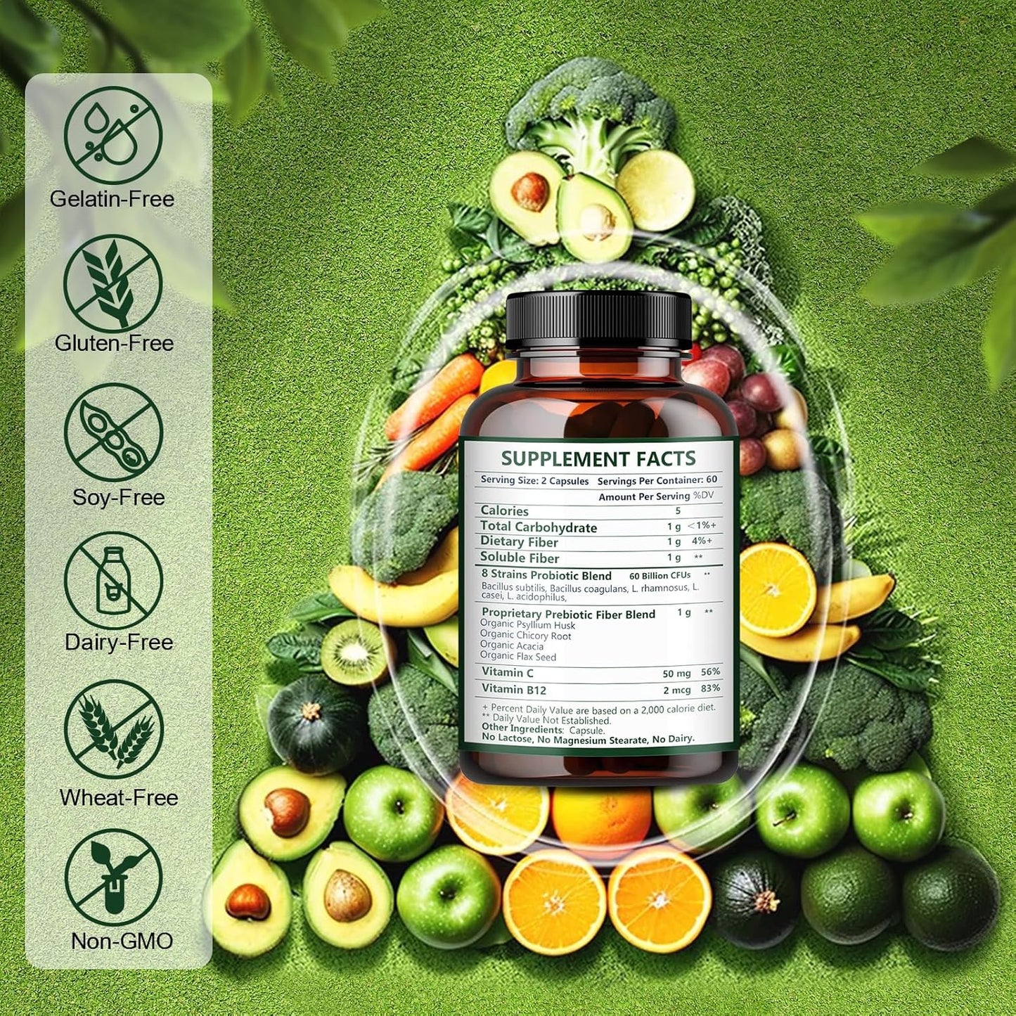 Probiotics with Prebiotic Fiber, 60 Billion CFUs, 120 Capsules