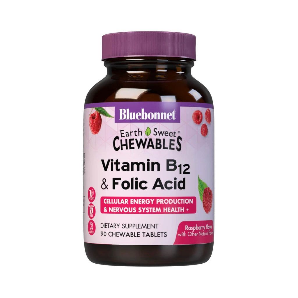 Bluebonnet EarthSweet Chewables Vitamin B12 & Folic Acid, Raspberry Flavor, 90 Chewable Tablets, Nutrition
