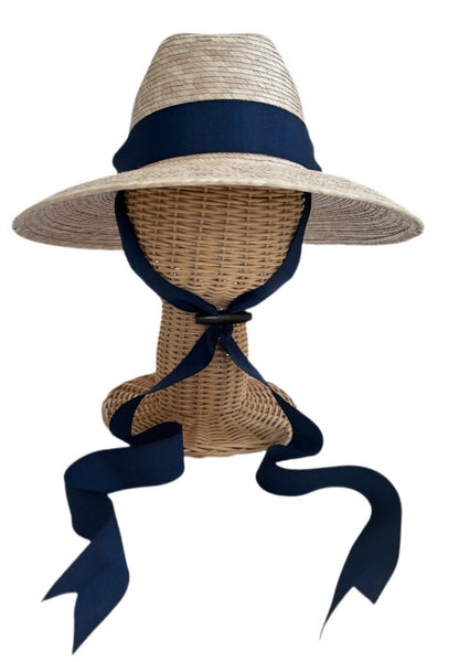 Petunia Girl's Sun Hat - Long Navy Grosgrain Ribbon with Wood Nautical Toggle