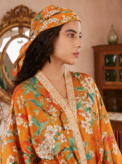 Vintage Orange Enamel Camellia Floral Kimono Robe with Pockets
