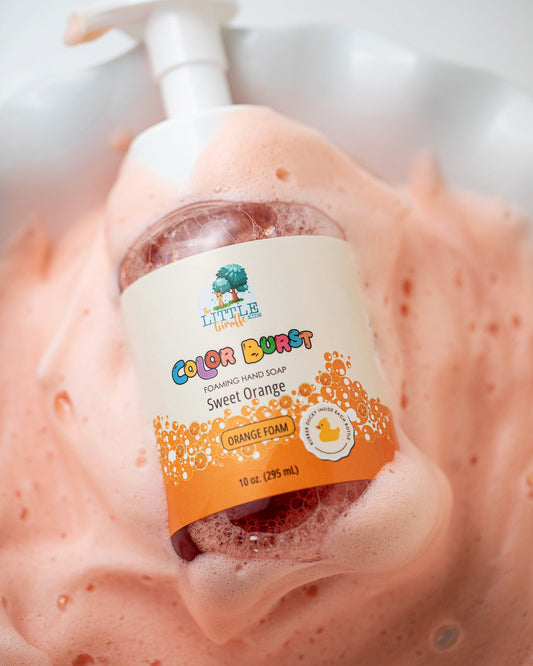 Savon moussant pour les mains, non toxique et coloré, pour enfants. Mousse orange. Parfum orange douce.