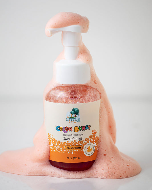 Savon moussant pour les mains, non toxique et coloré, pour enfants. Mousse orange. Parfum orange douce.