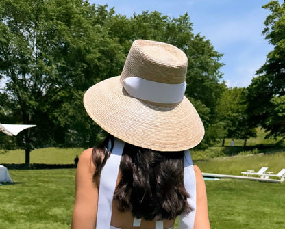Wildflower Sun Hat - Long Brown Greek Key Ribbon with Rose Quartz Gemstone Toggle