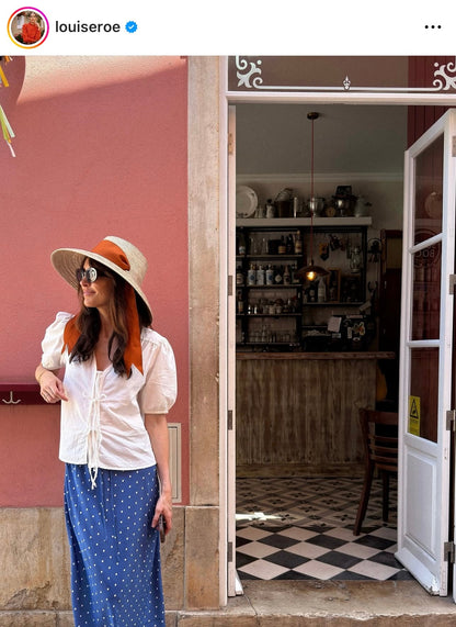 Wildflower Sun Hat - Long Brown Greek Key Ribbon with Rose Quartz Gemstone Toggle