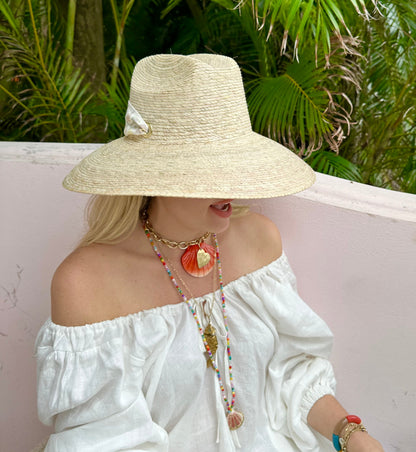 Hollyhock Sun Hat - Long & Thin Blue Gingham Ribbon with Wood Nautical Toggle