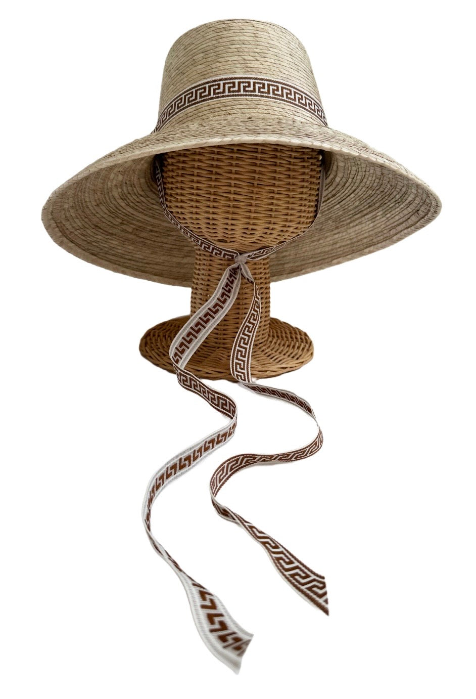 Wildflower Sun Hat - Long Brown Greek Key Ribbon with Rose Quartz Gemstone Toggle
