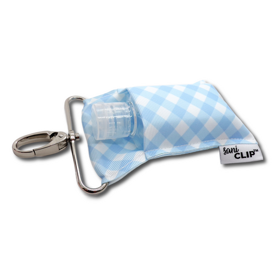 Light Blue and White Gingham SaniClip Hand Sanitizer Holder