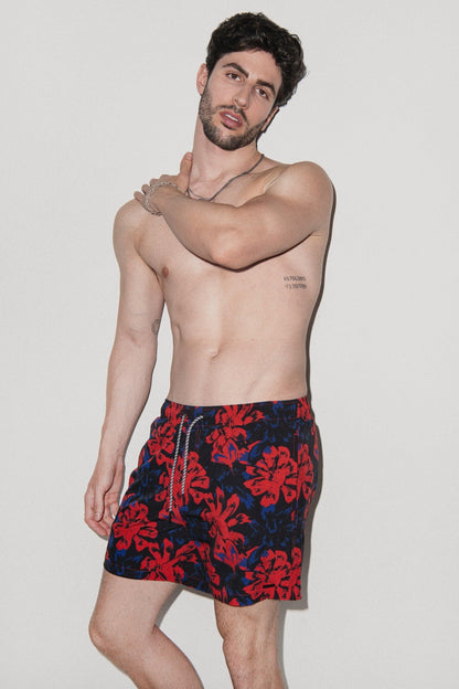 Tulum Volley Swim Trunk Red Vintage Floral