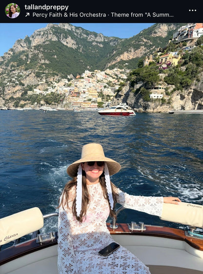 Wildflower Sun Hat - Long Brown Greek Key Ribbon with Rose Quartz Gemstone Toggle