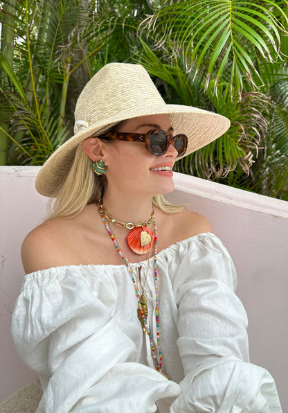 Hollyhock Sun Hat - Long & Thin Blue Gingham Ribbon with Wood Nautical Toggle