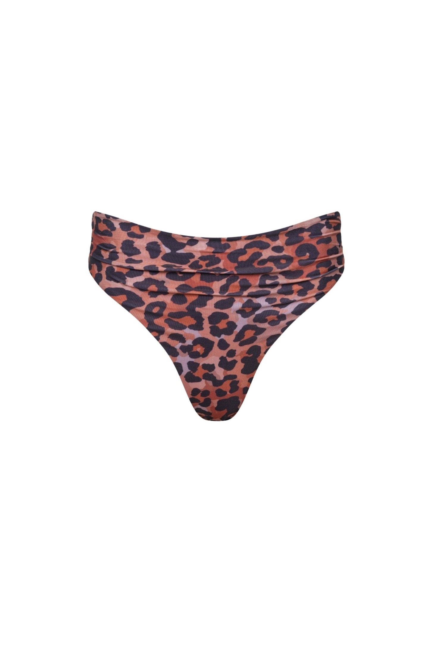 Capri Ruched High Waist Thong Bikini Bottom Leopard