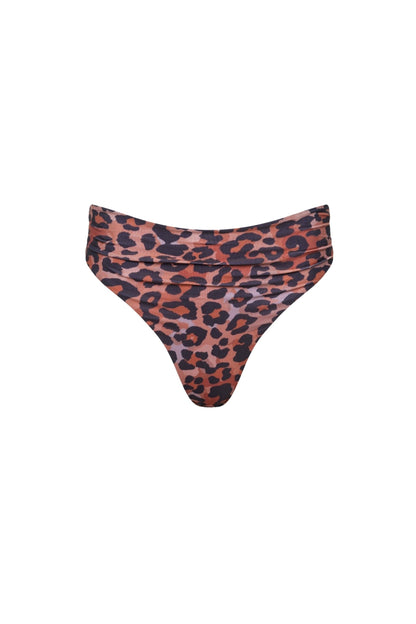 Capri Ruched High Waist Thong Bikini Bottom Leopard